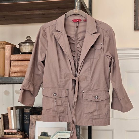 G.I.L.I. stylish khaki Jacket or Blazer with pockets, ruching and tie front. o/s - Picture 5 of 12